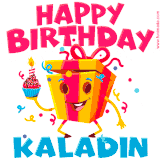 A funny animated birthday GIF with the words 'Happy Birthday Kaladina', colorful gift box with arms and legs, holding a cupcake with a lit candle  with confetti everywhere.