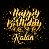 Animated GIF with colorful, festive 'Happy Birthday Kalan' text decorated with patterns, a party hat, and falling confetti. A vibrant and cheerful design for birthday celebrations.