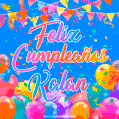 A vibrant animated GIF with 'Feliz Cumpleaños Kalan' written in colorful script, surrounded by balloons, confetti, and bunting on a bright blue background.
