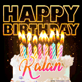 A vibrant animated GIF featuring a delicious birthday cake topped with glowing candles and the name 'Kalan' in elegant script, and the words 'Happy Birthday' on the black background.