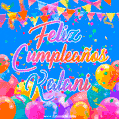 A vibrant animated GIF with 'Feliz Cumpleaños Kalani' written in colorful script, surrounded by balloons, confetti, and bunting on a bright blue background.