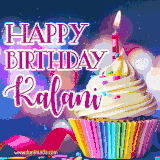 A festive animated GIF featuring a colorful cupcake with a single lit candle, sprinkles, and 'Happy Birthday Kalani' text against a sparkling, celebratory background.