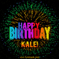 A colorful animated GIF featuring the text 'Happy Birthday Kale!' in rainbow colors with a dynamic iridescent firework display in the background.