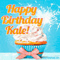 A cheerful animated GIF of a cupcake with creamy frosting, a red checkered ribbon, and a bright sparkler on top. The text 'Happy Birthday Kale!' is displayed in vibrant orange and red.