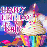 A festive animated GIF featuring a colorful cupcake with a single lit candle, sprinkles, and 'Happy Birthday Kale' text against a sparkling, celebratory background.