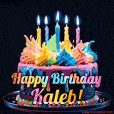 A vibrant animated GIF featuring a colorful rotating birthday cake with bright frosting swirls, glowing candles, and the text 'Happy Birthday Kaleb!' in rainbow colors.