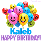 An animated birthday-themed name GIF with colorful smiling balloons and bold 'Kaleb, Happy Birthday!' text for a celebratory touch.
