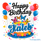 A personalized birthday GIF with the name Kaleb, showing a drip cake decorated with pink and blue flowers and balloons.
