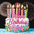 Amazing Animated GIF Image for Kaleb with Birthday Cake and Fireworks