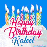 A cheerful animated GIF featuring colorful lit birthday candles on a white cake, with the text 'Happy Birthday Kaleel' in bold red and blue script on a bright blue background.