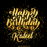 Animated GIF with colorful, festive 'Happy Birthday Kaleel' text decorated with patterns, a party hat, and falling confetti. A vibrant and cheerful design for birthday celebrations.