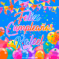 A vibrant animated GIF with 'Feliz Cumpleaños Kaleel' written in colorful script, surrounded by balloons, confetti, and bunting on a bright blue background.