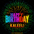 A colorful animated GIF featuring the text 'Happy Birthday Kaleel!' in rainbow colors with a dynamic iridescent firework display in the background.