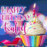 A festive animated GIF featuring a colorful cupcake with a single lit candle, sprinkles, and 'Happy Birthday Kaleel' text against a sparkling, celebratory background.