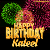 A captivating GIF with bursts of green, pink, and orange fireworks lighting up the night sky, accompanied by 'Happy Birthday Kaleel' in glowing golden text.
