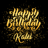 Animated GIF with colorful, festive 'Happy Birthday Kalei' text decorated with patterns, a party hat, and falling confetti. A vibrant and cheerful design for birthday celebrations.