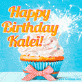 A cheerful animated GIF of a cupcake with creamy frosting, a red checkered ribbon, and a bright sparkler on top. The text 'Happy Birthday Kalei!' is displayed in vibrant orange and red.