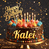 Bright candles flickering on a festive chocolate cake with the name Kalei displayed in golden letters.