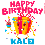 A funny animated birthday GIF with the words 'Happy Birthday Kaleia', colorful gift box with arms and legs, holding a cupcake with a lit candle  with confetti everywhere.