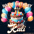 Hand-drawn happy birthday cake adorned with an arch of colorful balloons - name GIF for Kali