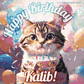 Happy birthday gif for Kalib with cat and cake