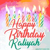 Bright birthday candles with rainbow flames on a cake, alongside the text 'Happy Birthday Kaliyah' in vibrant script in this celebratory animated GIF.