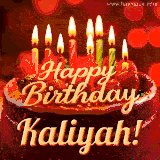 Beautifully decorated red velvet berry birthday cake with vibrant fruits and a glowing 'Kaliyah' name, adding a touch of sweetness and sparkle.