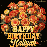 Animated bouquet of orange roses with moving butterfles and golden 'Happy Birthday Kaliyah' text, surrounded by sparkling accents and a dark backdrop for a luxurious feel.