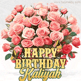 Golden 'Happy Birthday Kaliyah' text beneath a vibrant bouquet of orange roses, complete with glittering butterflies and sparkling details.
