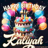Bright birthday animation for Kaliyah with a chocolate cake, candles, balloons, and glowing celebratory lights.
