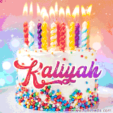 A cheerful white birthday cake with multicolor sprinkles, lit candles, and 'Kaliyah' written in vibrant letters, in an animated GIF.