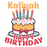 Cartoon birthday cake with a red bow, glowing candles, and 'Kaliyah Happy Birthday' text in bold animated style.