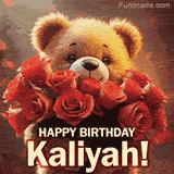 Cinematic style cute animated teddy bear with charming features holding a large bouquet of red roses, the words say 'Happy Birthday Kaliyah' in sans serif font.