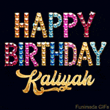 Vibrant luxury birthday greeting card for Kaliyah, showing glittering gemstone letters and golden calligraphy on a dark background with twinkling shine effects.