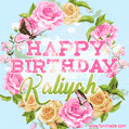 A charming animated GIF featuring 'Happy Birthday Kaliyah' in pink and green text, surrounded by delicate roses, leaves, and fluttering butterflies on a soft light blue pastel background.
