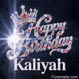 A customized birthday GIF for Kaliyah featuring a silver crown under a glittering sky filled with light bursts.