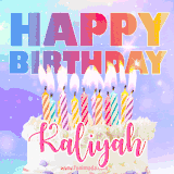 A vibrant animated name GIF with the words 'Happy Birthday Kaliyah' with colorful candles on a creamy cake. The background sparkles with pastel shades, adding a festive touch.