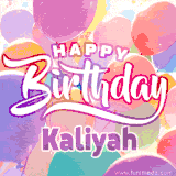 A vibrant name GIF featuring colorful balloons in shades of pink, orange, and yellow with the bold text 'Happy Birthday Kaliyah' in festive fonts, creating a lively birthday vibe.