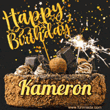 Animated GIF featuring the text 'Happy Birthday Kameron' written in glittering gold above the luxurious chocolate birthday cake adorned with truffles, gold stars, and sparklers.