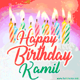 Bright birthday candles with rainbow flames on a cake, alongside the text 'Happy Birthday Kamil' in vibrant script in this celebratory animated GIF.