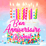 A white birthday cake covered in colorful sprinkles, topped with bright candles, and French text 'Bon Anniversaire Kamil' on a pastel gradient background in an animated GIF.
