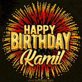 Golden 'Happy Birthday Kamil' text accompanied by animated rainbow fireworks for a festive animated greeting.