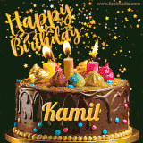 A delightful chocolate birthday cake with bright candles and 'Happy Birthday Kamil' written in gold amidst a shower of animated stars.