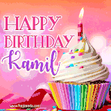A vibrant birthday GIF featuring a rainbow-colored cupcake topped with white frosting, sprinkles, and a lit candle. The text reads 'Happy Birthday Kamil' in bold pink and violet letters with white outline.