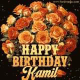 Animated bouquet of orange roses with moving butterfles and golden 'Happy Birthday Kamil' text, surrounded by sparkling accents and a dark backdrop for a luxurious feel.