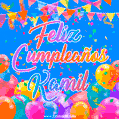A vibrant animated GIF with 'Feliz Cumpleaños Kamil' written in colorful script, surrounded by balloons, confetti, and bunting on a bright blue background.