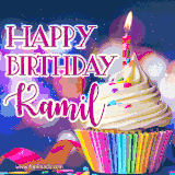 A festive animated GIF featuring a colorful cupcake with a single lit candle, sprinkles, and 'Happy Birthday Kamil' text against a sparkling, celebratory background.