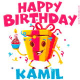 A funny animated birthday GIF with the words 'Happy Birthday Kamila', colorful gift box with arms and legs, holding a cupcake with a lit candle  with confetti everywhere.