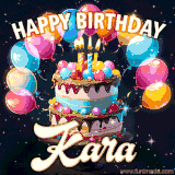 Bright birthday animation for Kara with a chocolate cake, candles, balloons, and glowing celebratory lights.