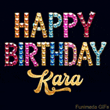 Vibrant luxury birthday greeting card for Kara, showing glittering gemstone letters and golden calligraphy on a dark background with twinkling shine effects.